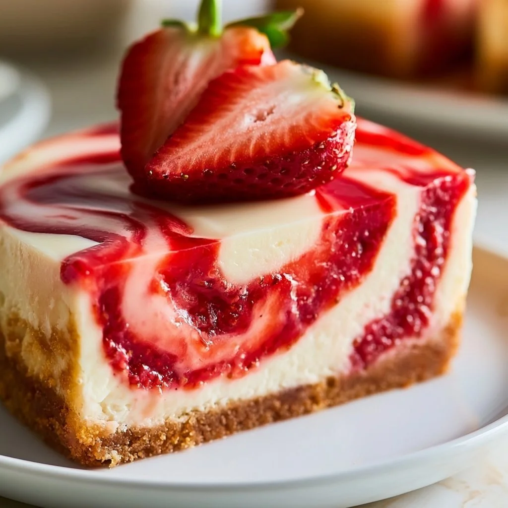 Delicious strawberry swirl cheesecake topped with fresh strawberries