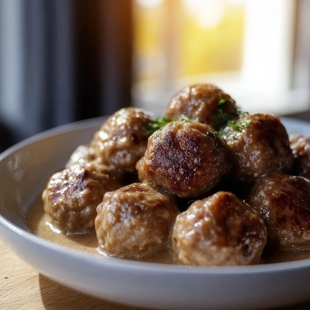 Delicious Swedish meatballs served with creamy gravy and lingonberry sauce