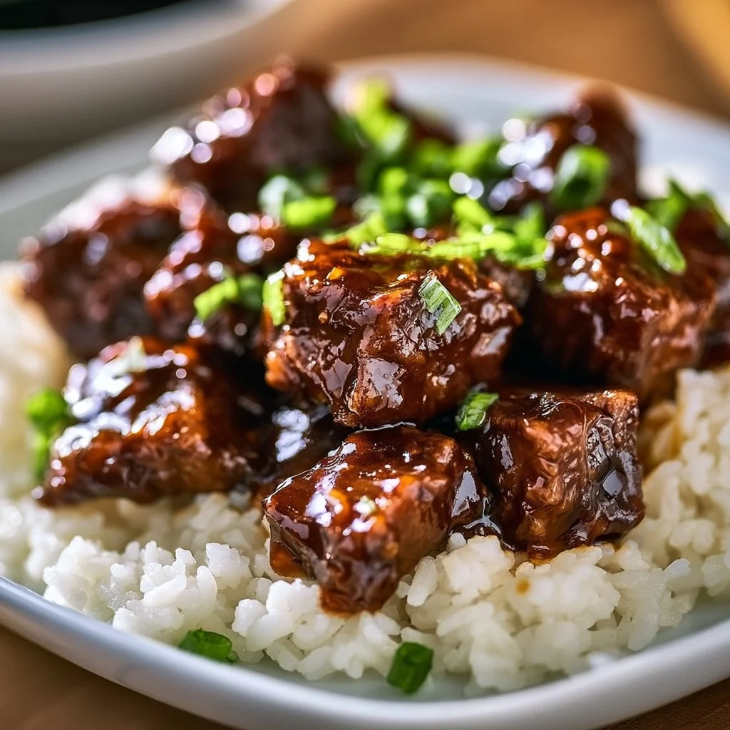 Plate of sweet caramelized beef served with fluffy rice for a delicious meal