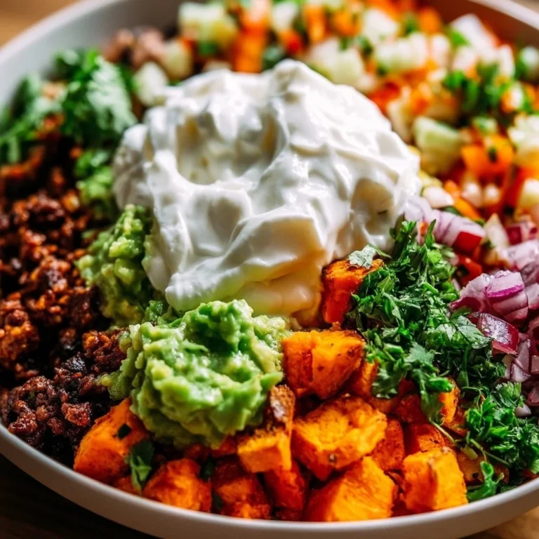 Colorful Sweet Potato Taco Bowl topped with fresh vegetables and avocado