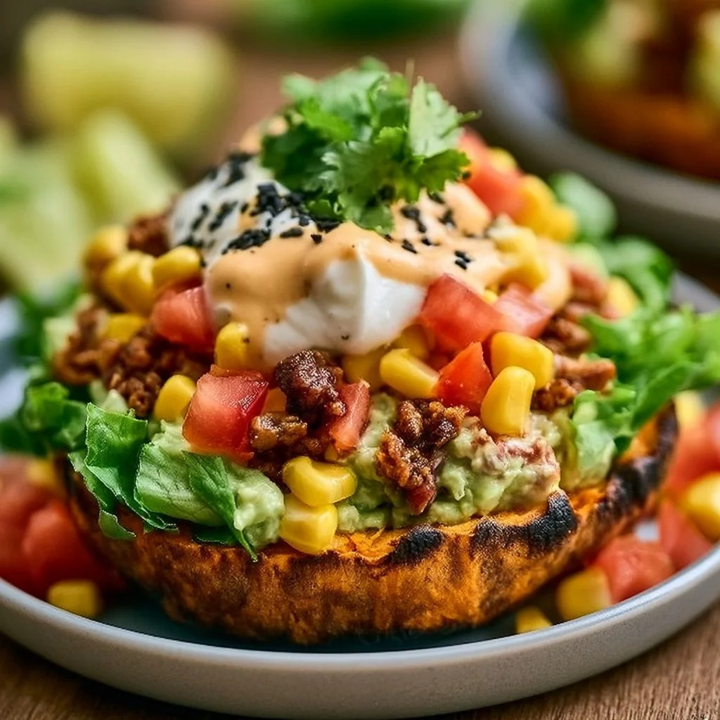 Colorful sweet potato taco bowls topped with fresh ingredients.