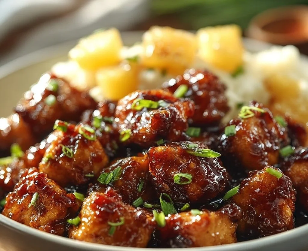 Delicious Sweet & Sticky Pineapple Bourbon Chicken served on a plate