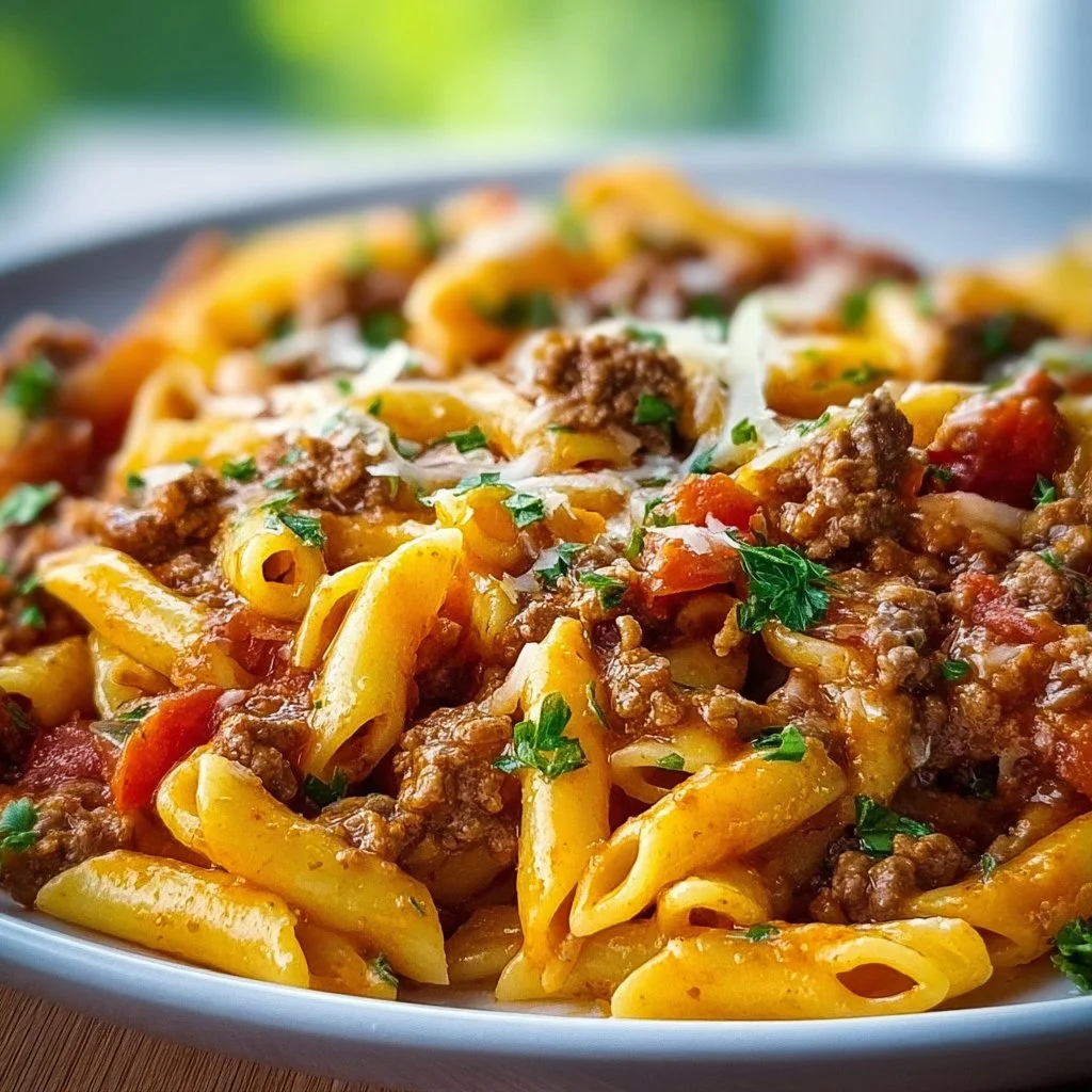 Delicious Taco Pasta dish topped with cheese and fresh herbs