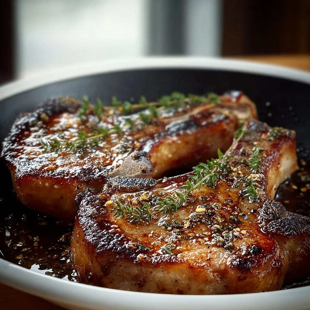 Tender garlic pork chops served with a side of vegetables