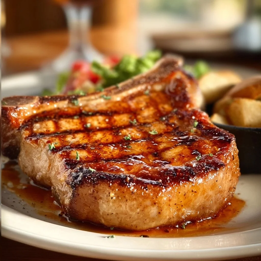 Texas Roadhouse inspired pork chops on a plate with seasoning and side dishes.