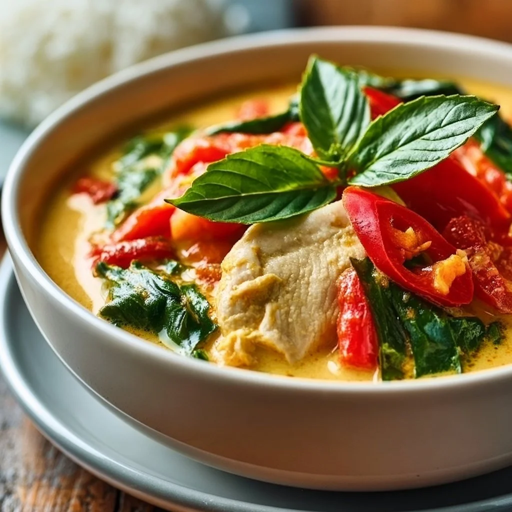 Delicious Thai Chicken Curry with Coconut Milk garnished with herbs