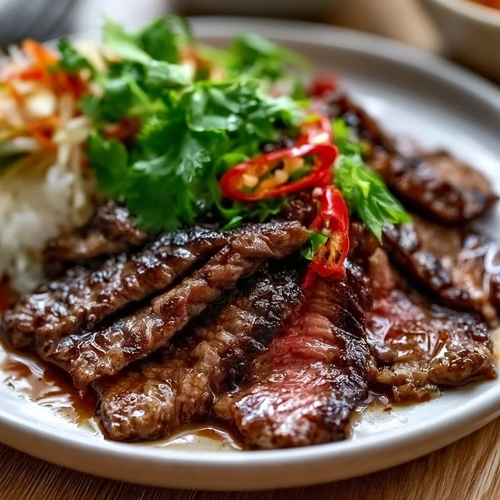 Delicious Thai Crying Tiger Beef with dipping sauce and fresh herbs.