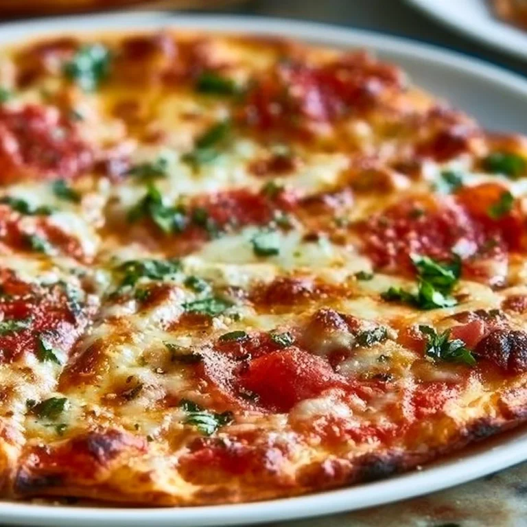 Homemade thin-crust pizza freshly baked on a wooden table