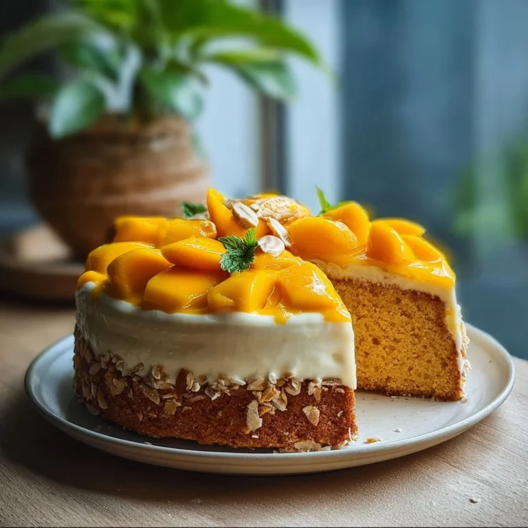 Tropical Bliss Vegan Mango Cake topped with fresh mango slices and coconut cream