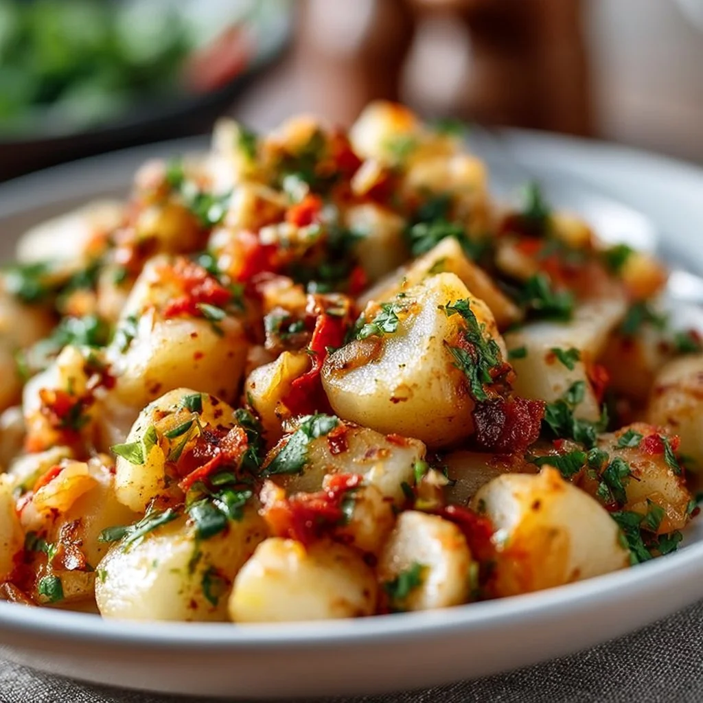 Delicious Turkish Potato Salad garnished with fresh herbs and vegetables