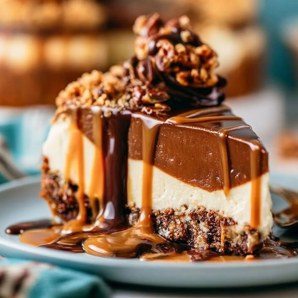 Delicious turtle cheesecake topped with caramel, chocolate, and pecans.