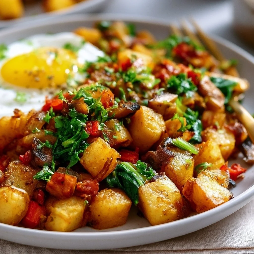 A colorful vegan breakfast hash made with fresh vegetables and spices.