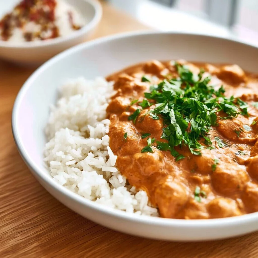 Bowl of creamy vegan butter chicken with rice and herbs