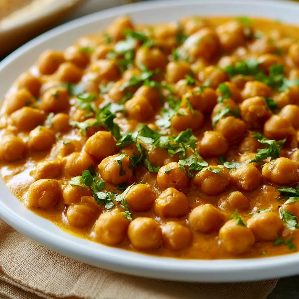 Delicious Vegan Butter Chickpeas served in a bowl with herbs and spices.