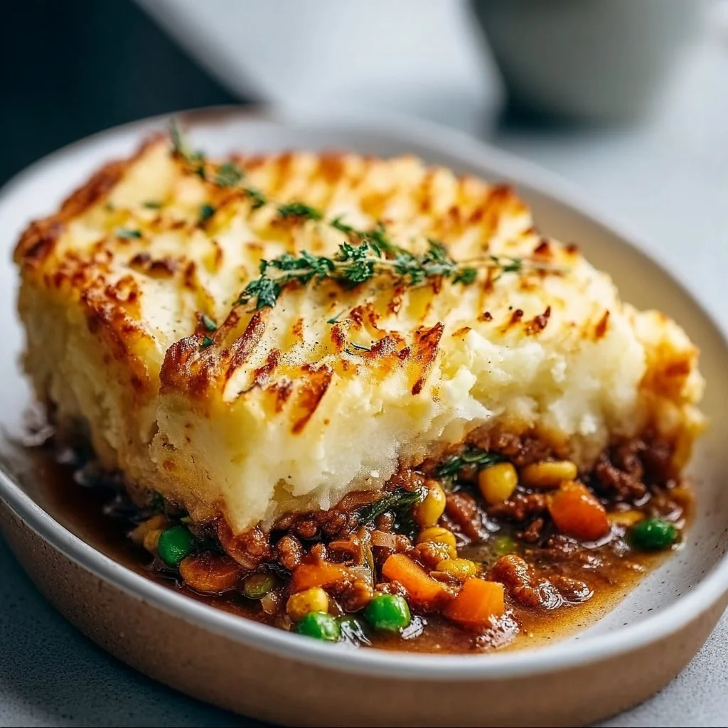 Vegan Shepherd's Pie topped with creamy mashed potatoes and fresh vegetables