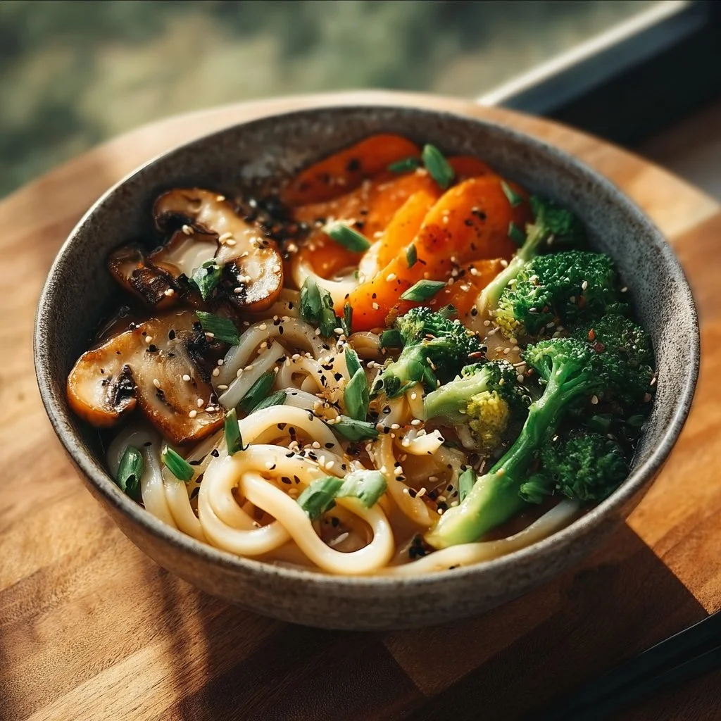 Vegan Udon Noodle and Veggie Bowl