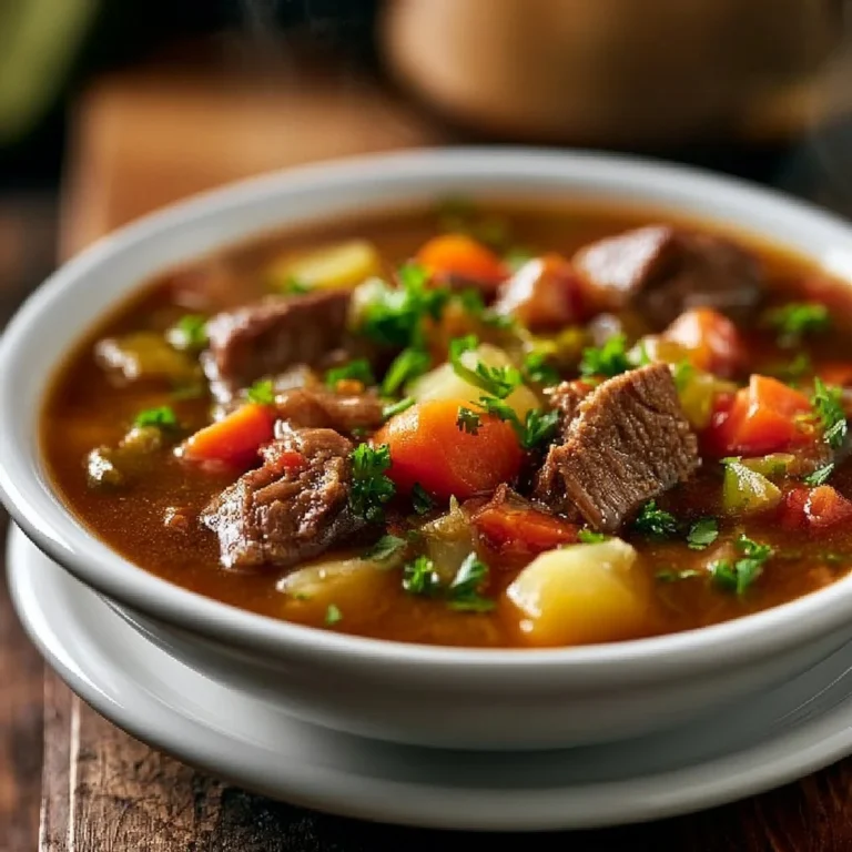 Bowl of hearty Vegetable Beef Soup with fresh vegetables and tender pieces of beef