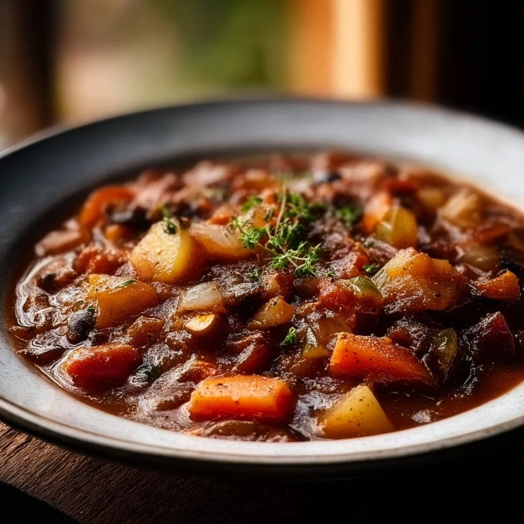 Delicious bowl of vegetarian stew filled with fresh vegetables