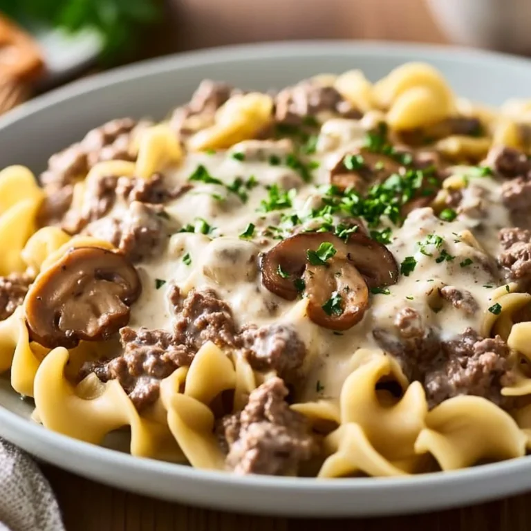 Plate of 30-minute ground beef stroganoff with creamy sauce and noodles