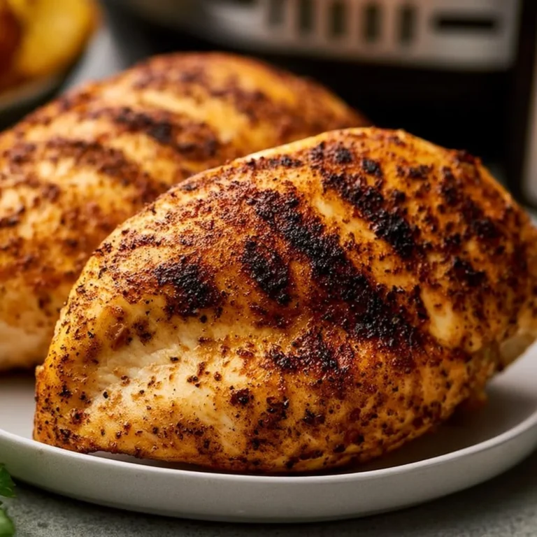 Juicy air fryer chicken breast served with vegetables on a plate.