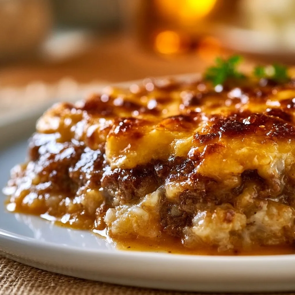 Delicious Amish Hamburger Steak Bake served with rich gravy and vegetables.