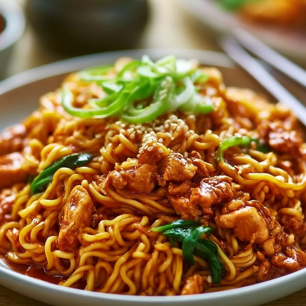 Bowl of authentic Korean-style spicy chicken noodles garnished with vegetables