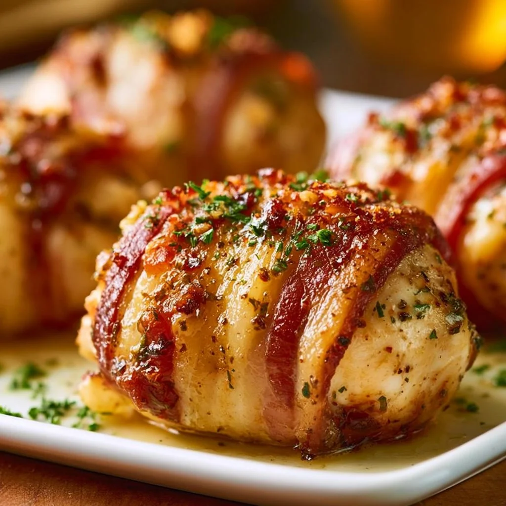 Bacon Wrapped Garlic Parmesan Chicken ready to be served on a plate