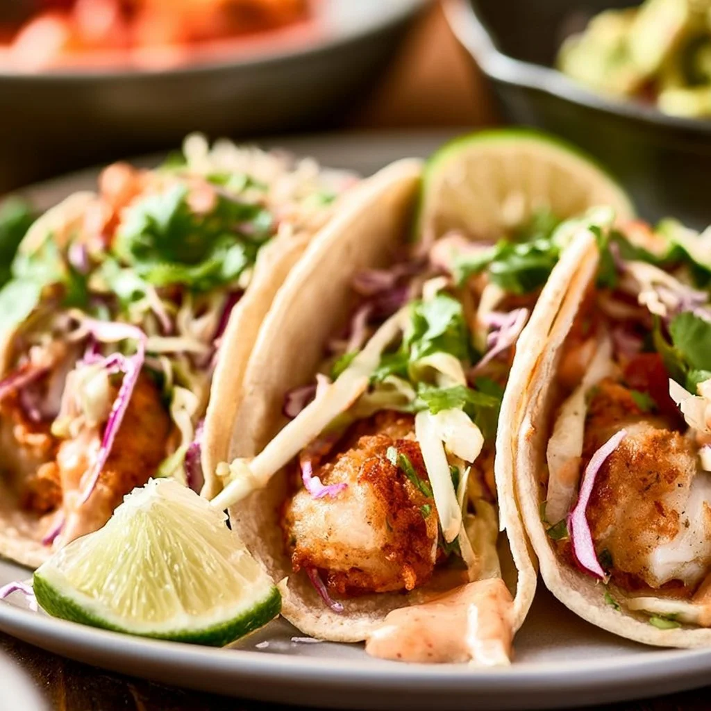 Delicious Baja Fish Tacos served with fresh toppings and lime wedges