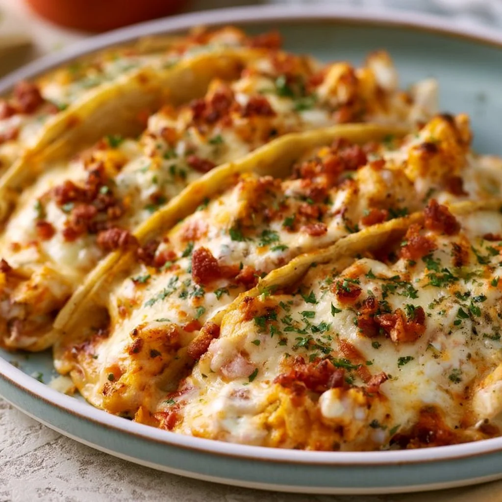 Baked chicken bacon ranch tacos served on a plate with toppings.
