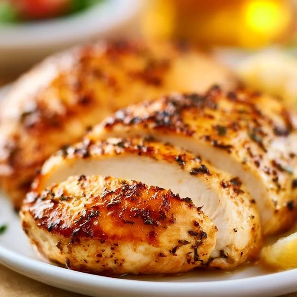 Juicy baked chicken breasts garnished with herbs on a plate