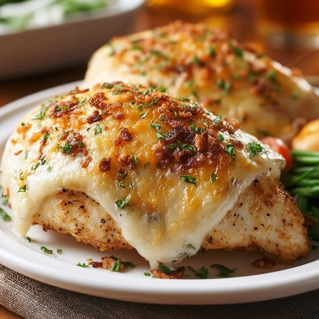 Baked Crack Chicken Breasts garnished with herbs on a plate