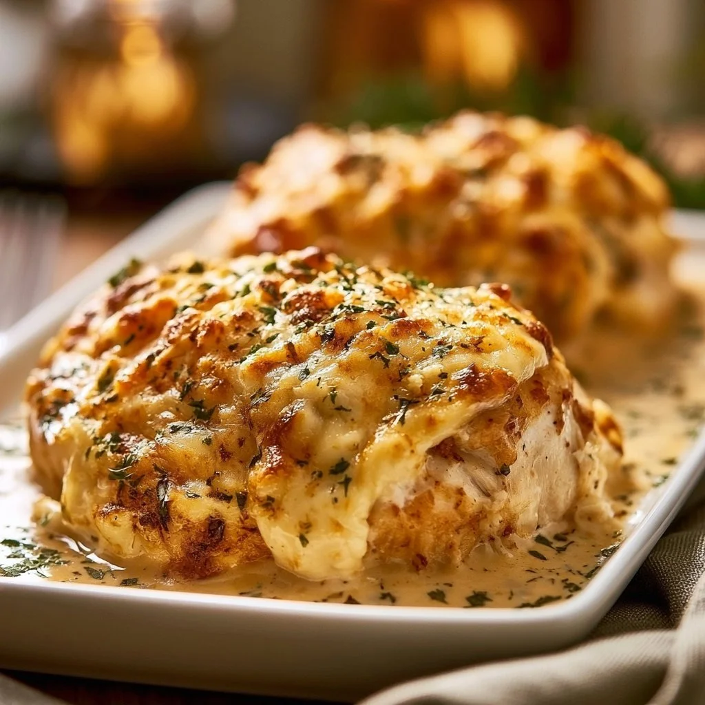 Baked Cream Cheese Chicken dish served on a plate with herbs and spices