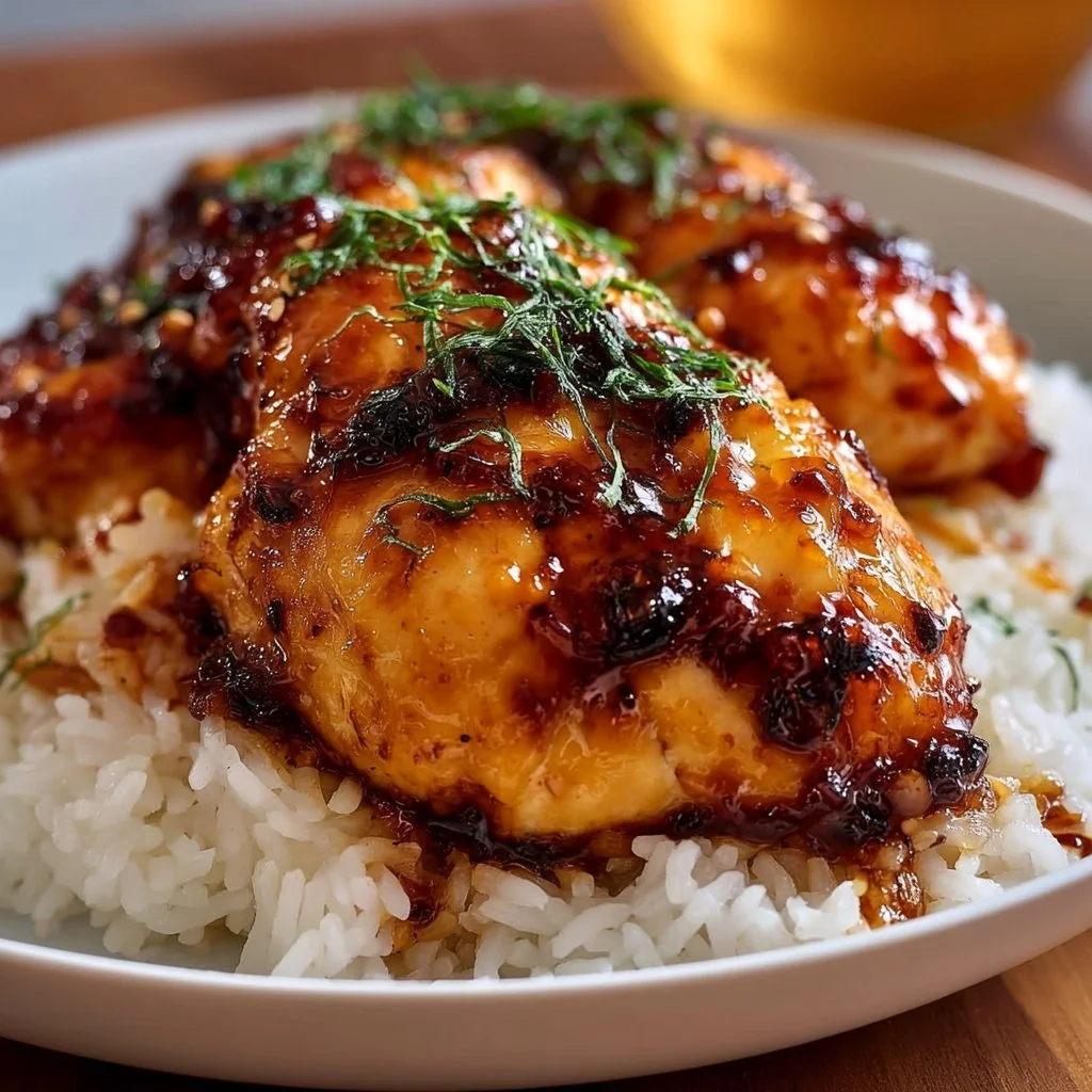 Baked honey garlic chicken breast served on a plate with herbs