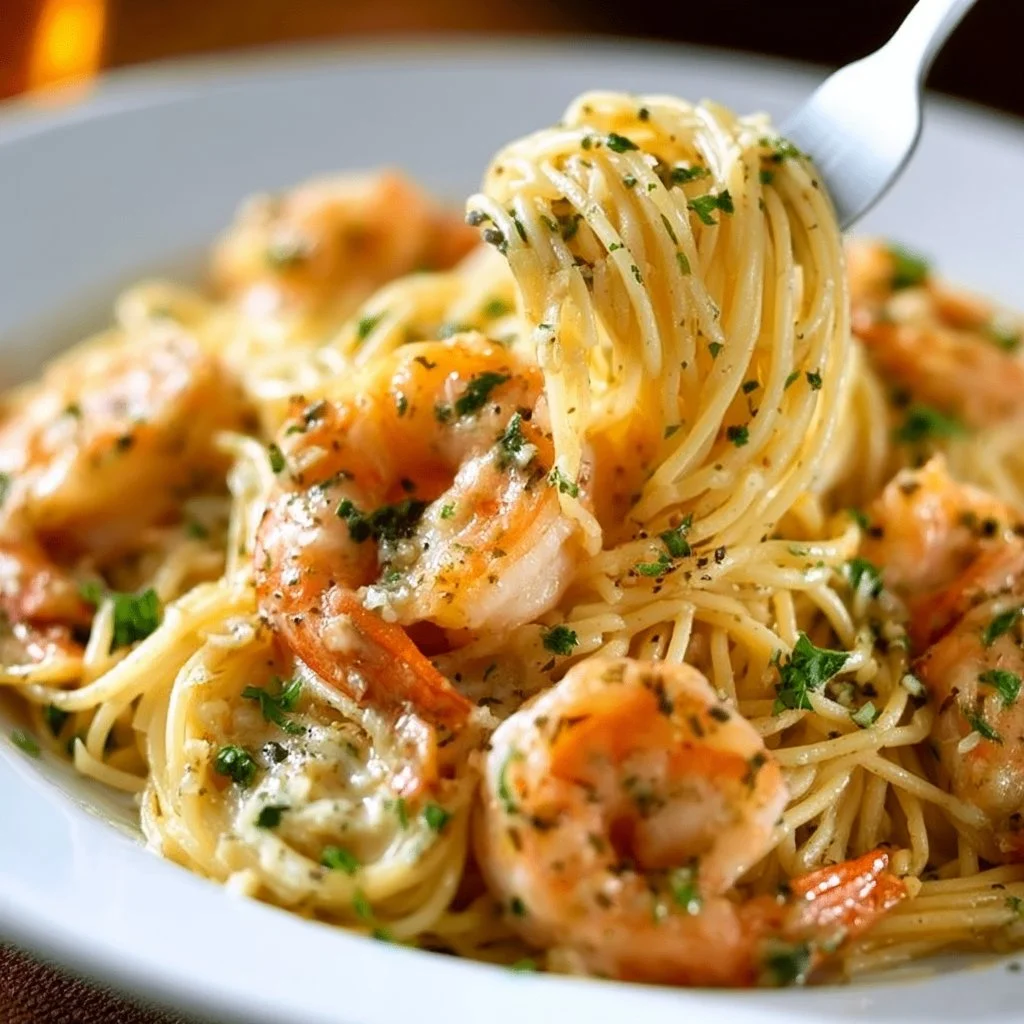 Baked shrimp scampi spaghetti topped with herbs and fresh ingredients