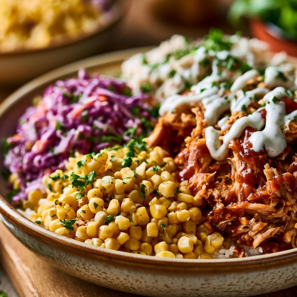 BBQ Ranch Chicken Crockpot Bowl with fresh corn and slaw