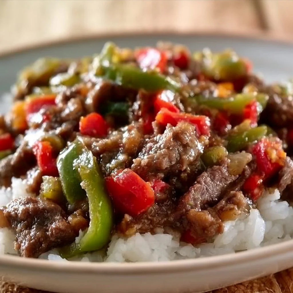 Beef and Pepper Rice Bowls with vibrant bell peppers and seasoned beef served in a bowl