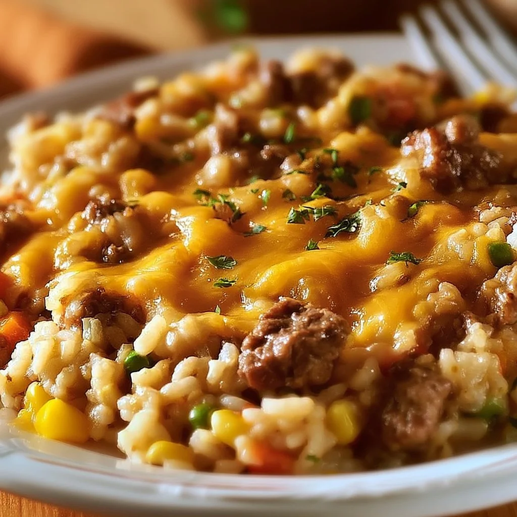 Delicious beef and rice casserole served in a baking dish