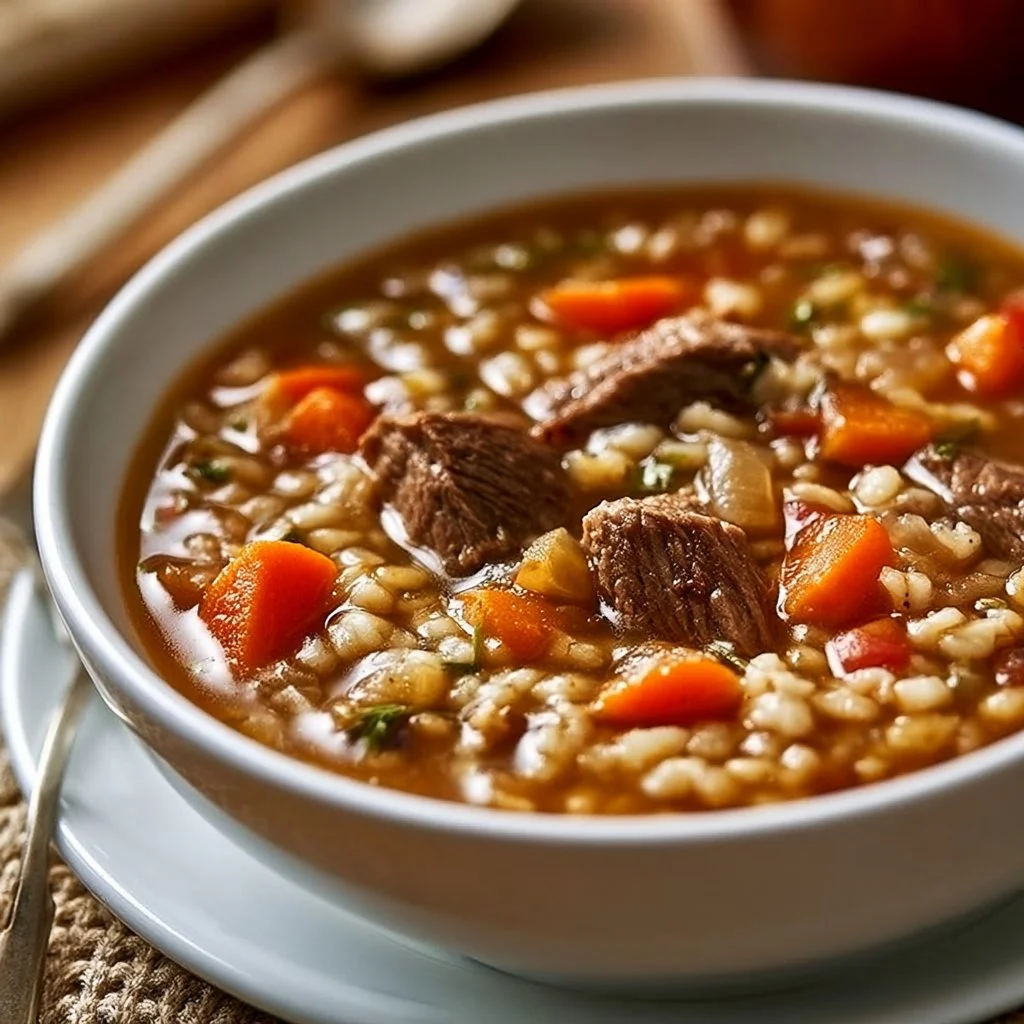Delicious bowl of beef barley soup with tender beef and vegetables