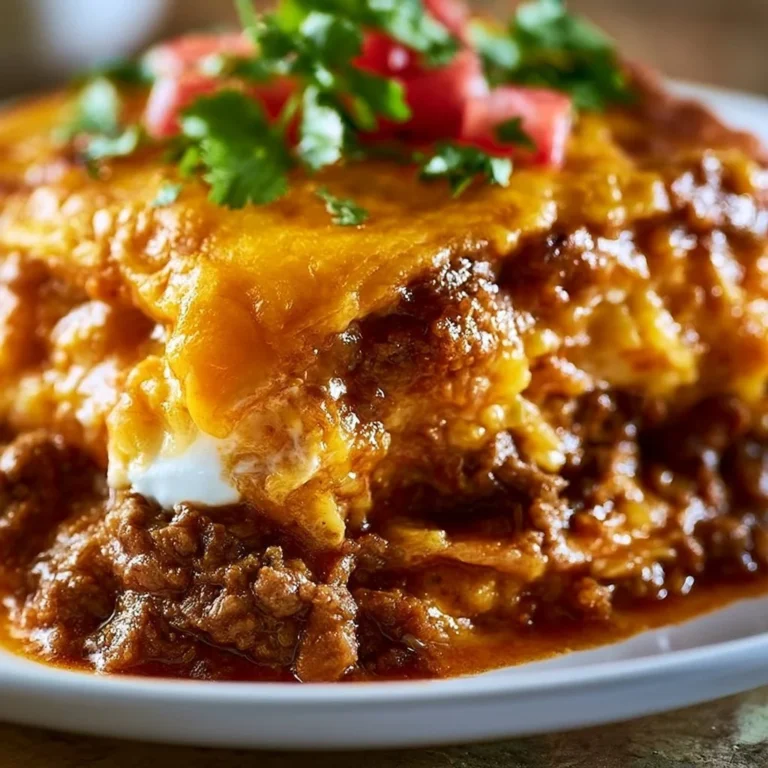 Delicious beef enchilada casserole topped with cheese and garnished