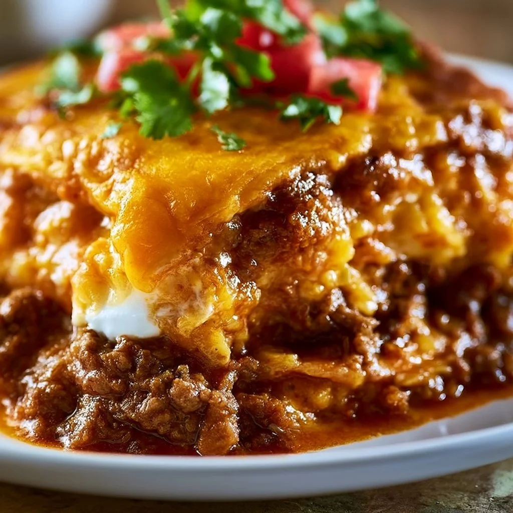 Delicious beef enchilada casserole topped with cheese and garnished