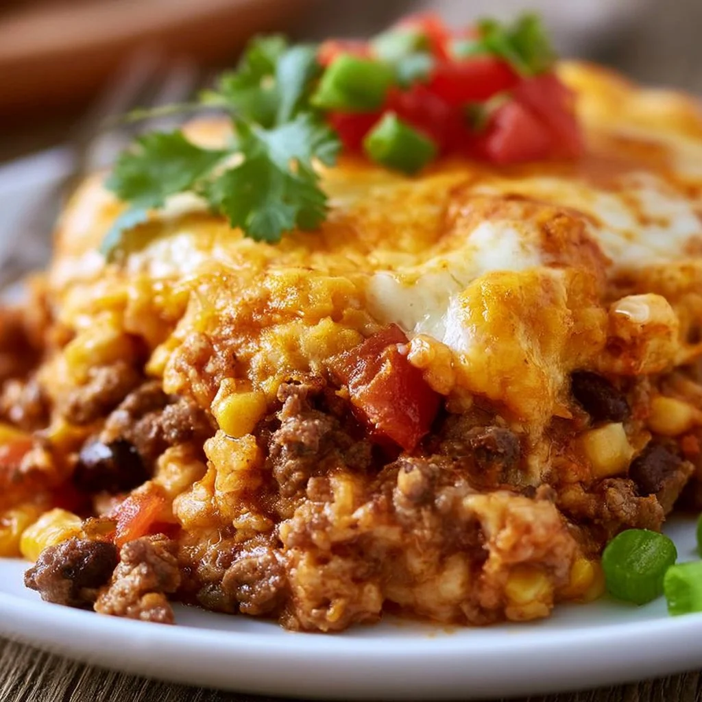 Delicious beef enchilada casserole topped with cheese and herbs