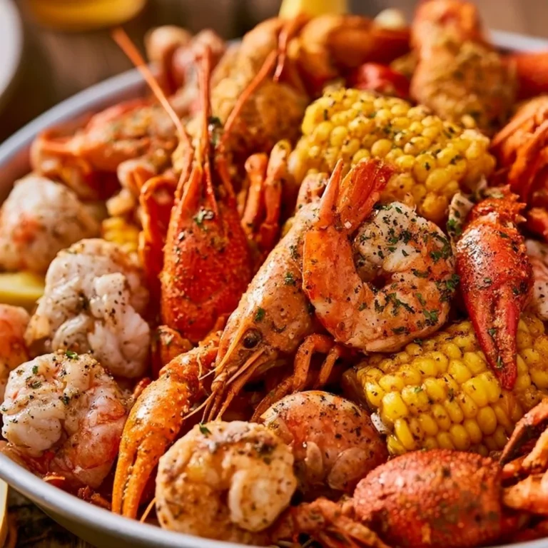 Delicious seafood boil with shrimp, crab, and corn on a festive table.