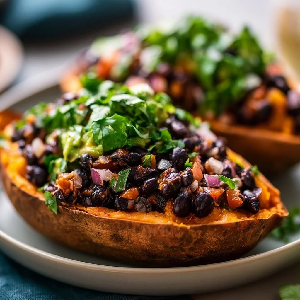Black bean stuffed sweet potatoes topped with fresh ingredients and herbs