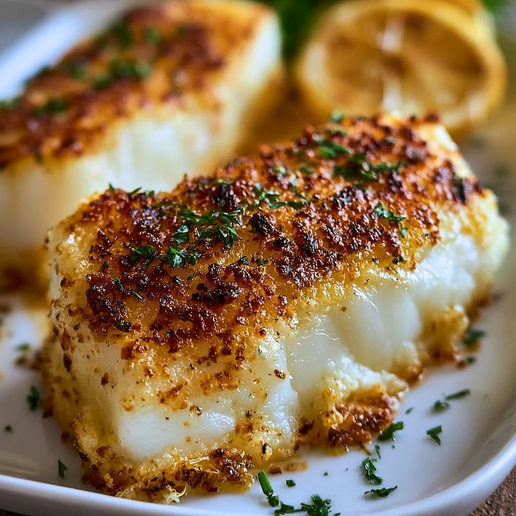 Delicious Boston Baked Cod served on a plate with a garnish of herbs
