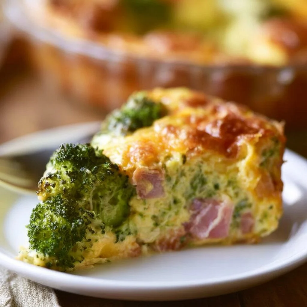 Crustless broccoli ham quiche served on a plate with fresh herbs