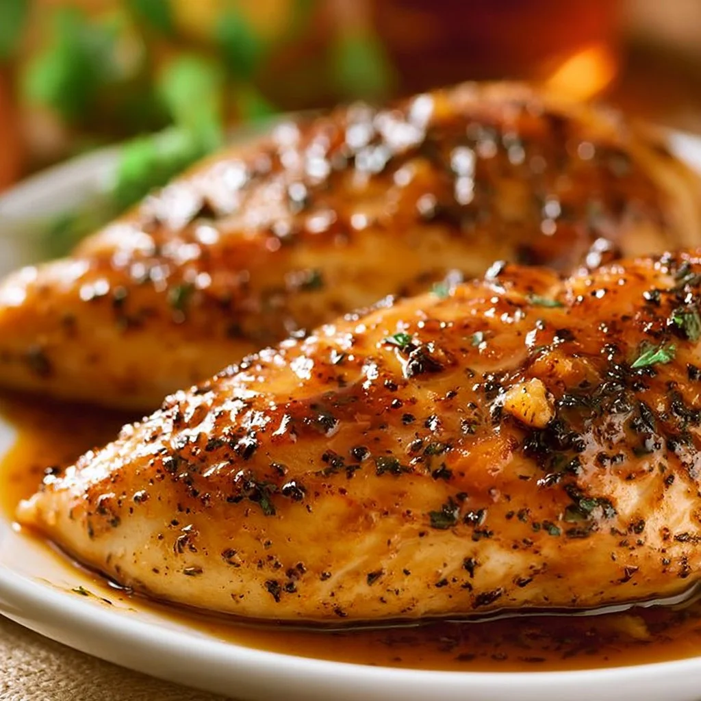 Delicious Brown Sugar Garlic Chicken Breasts served with fresh herbs