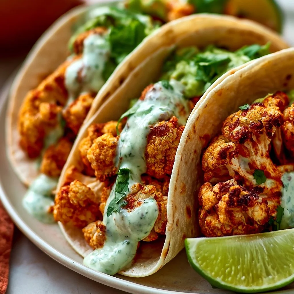 Delicious cauliflower tacos garnished with cilantro lime cream