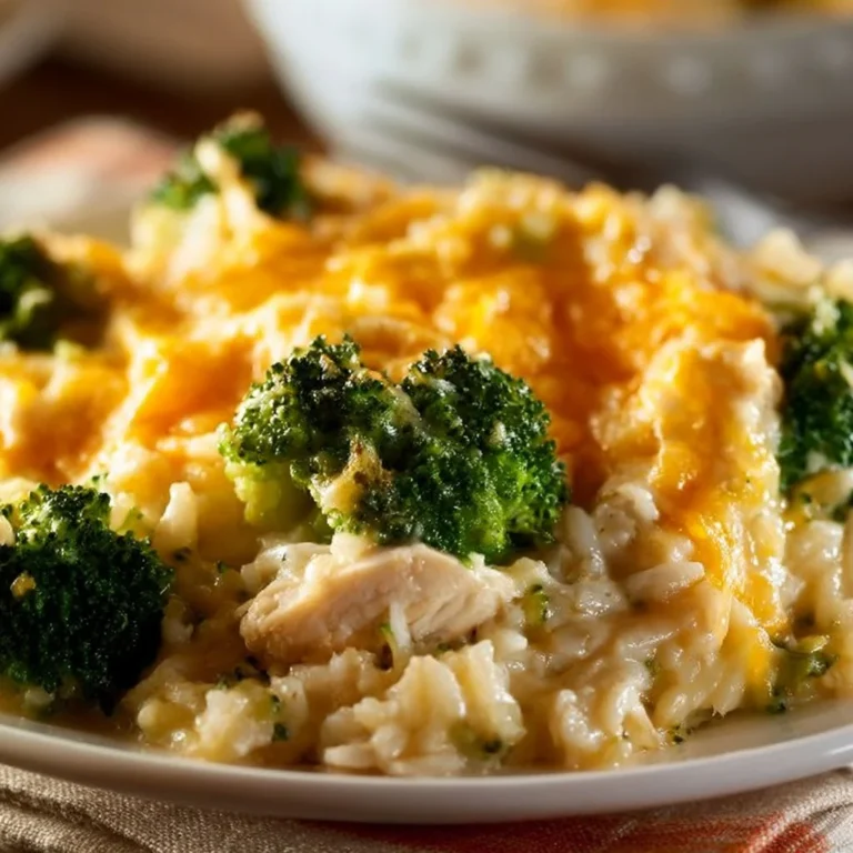 Cheesy Broccoli Chicken and Rice Casserole baked dish topped with cheese