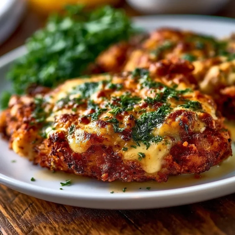 Delicious cheesy crust chicken ready to be served with fresh herbs