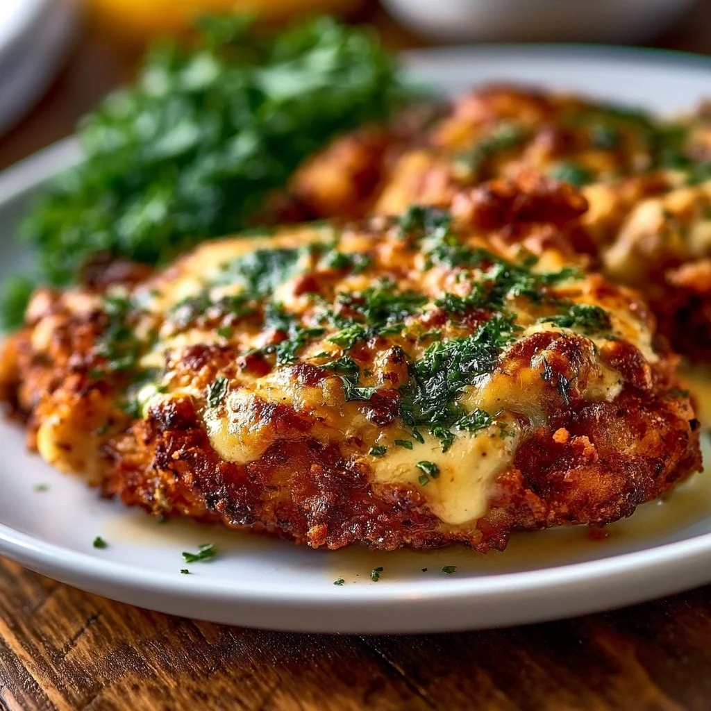 Delicious cheesy crust chicken ready to be served with fresh herbs